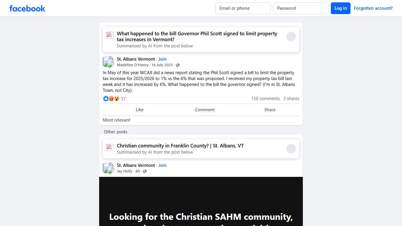 St. Albans Vermont In May of this year WCAX did a news report stating the Phil Scott signed a bill to limit the property tax increase for 2025/2026 to 1% vs the 6% that ... Facebook